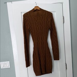 12th Tribe Brown Cable-Knit Long Sleeve Sweater Dress
